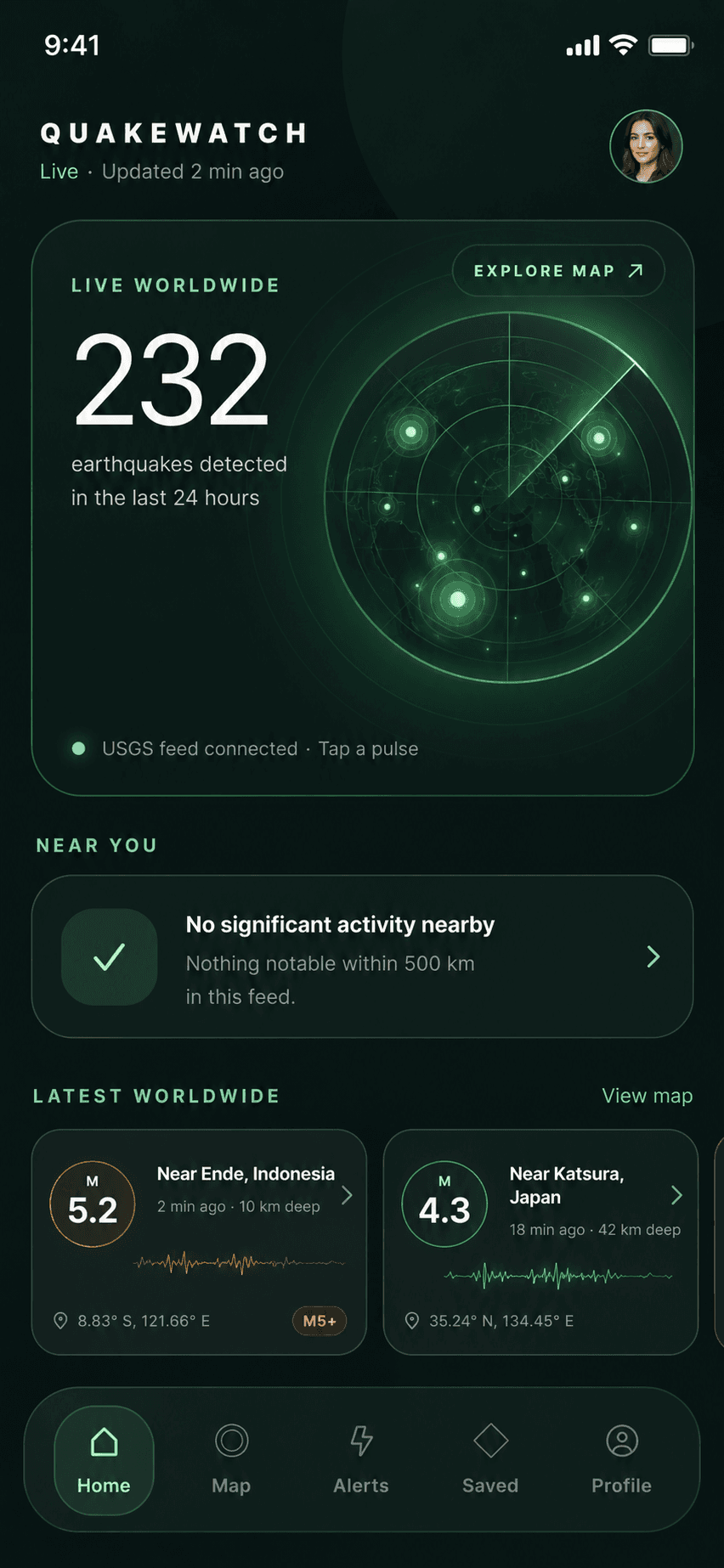QuakeWatch app home screen with worldwide earthquake activity