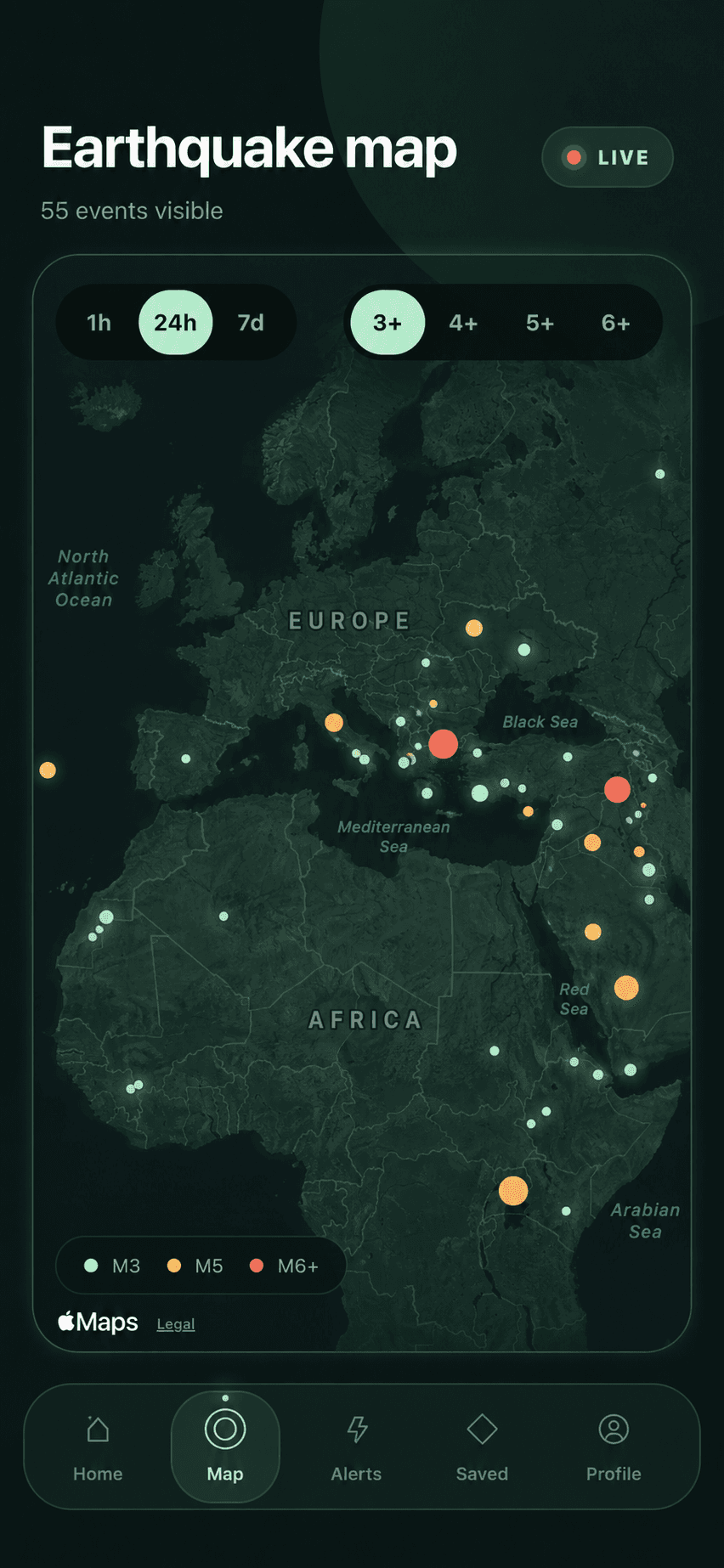 QuakeWatch live earthquake map showing events across Europe and Africa