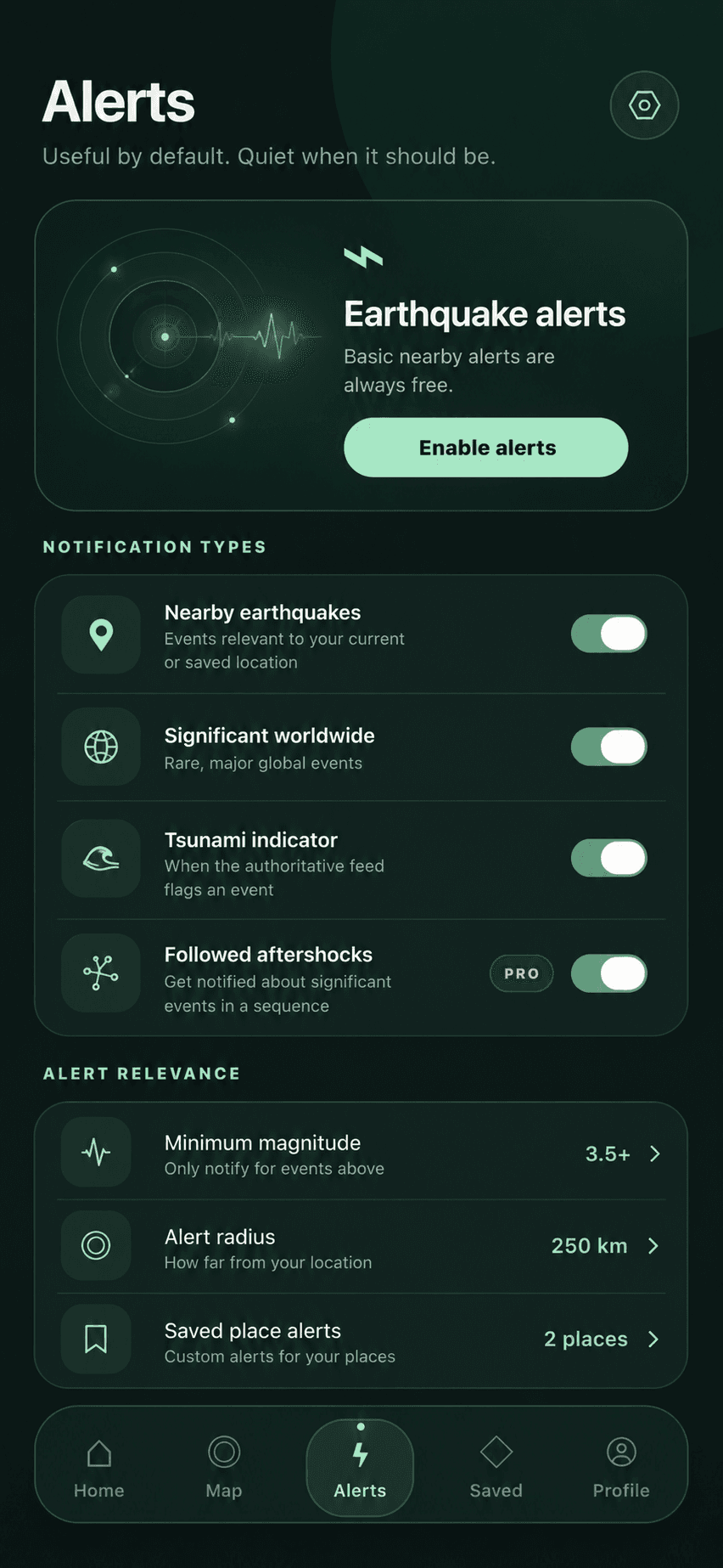 QuakeWatch notification controls and earthquake alert settings