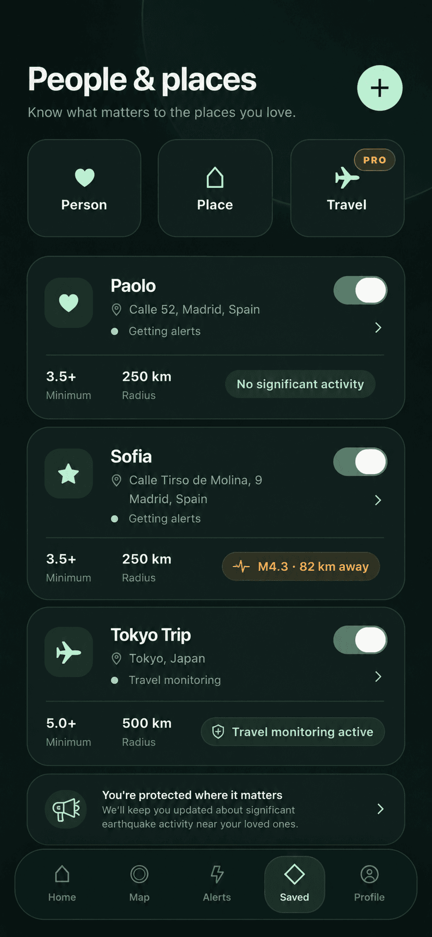 QuakeWatch people, places, and travel monitoring screen