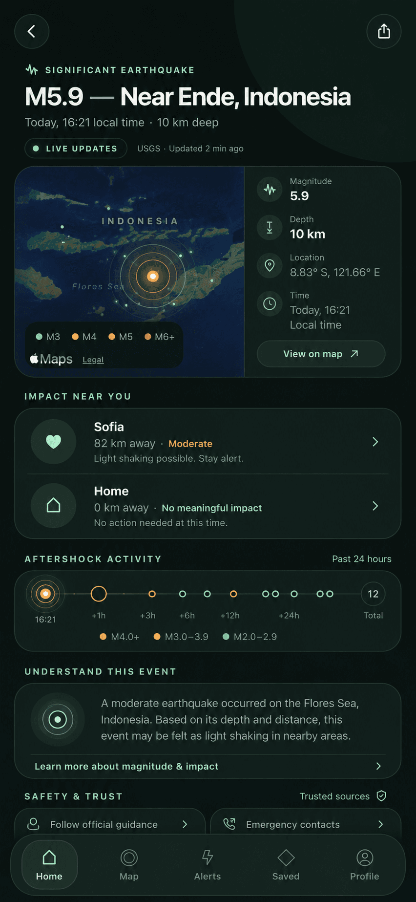 QuakeWatch earthquake detail and local impact screen